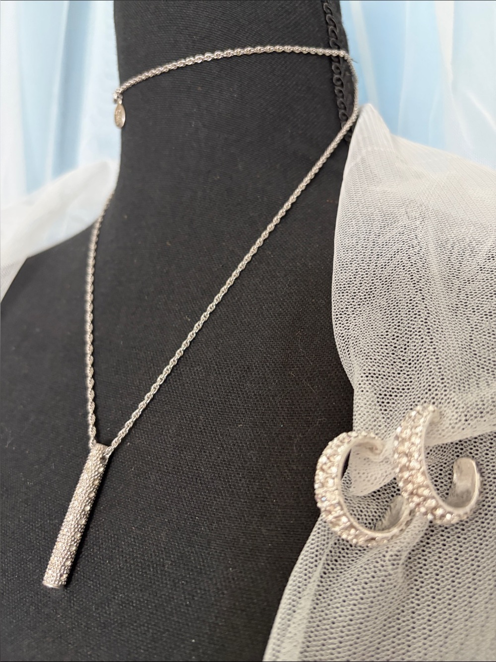 Joan Rivers Silver Pavé Bar Pendant Necklace with Matching Hoop Earrings Pierced